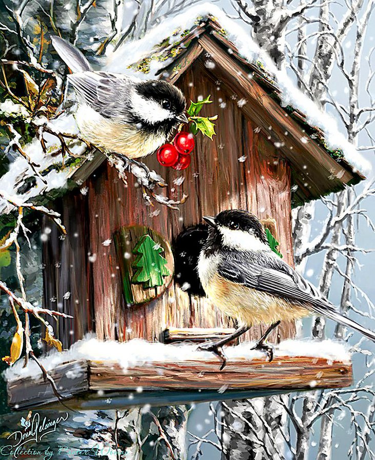 птички синички у скворечника - снег, зима, синицы, ягоды, скворечник, ветка, птицы - оригинал