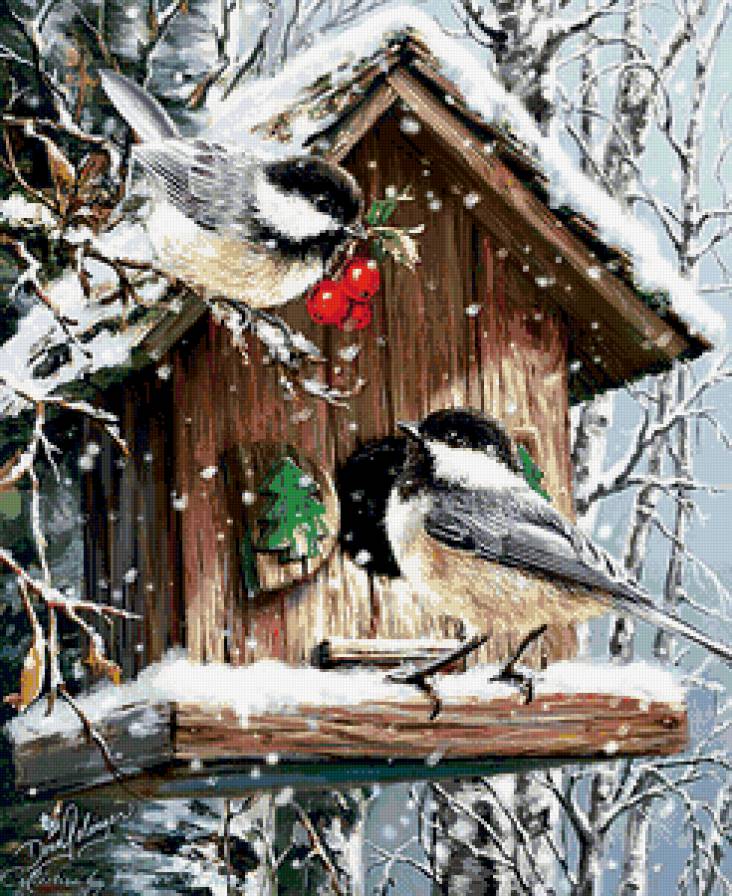 птички синички у скворечника - синицы, зима, ветка, ягоды, снег, скворечник, птицы - предпросмотр