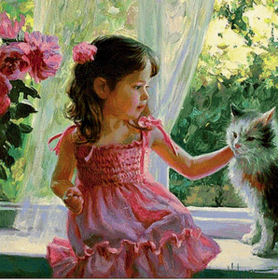 Серия "Девочка и котенок" - цветы, пейзаж, котенок, картина, девочка, окно - предпросмотр