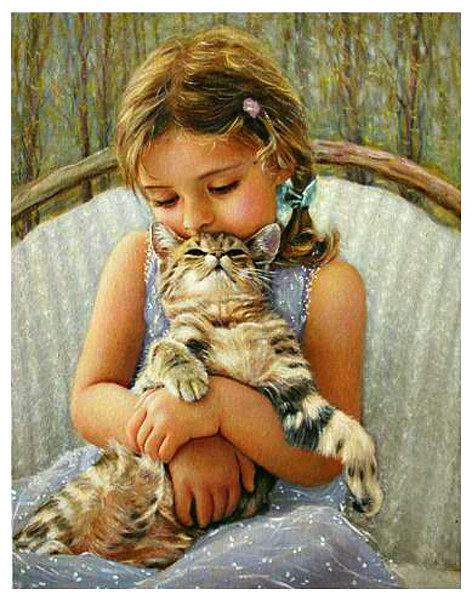 Серия "Девочка и котенок" - картина, природа, скамейка, девочка, котенок - оригинал