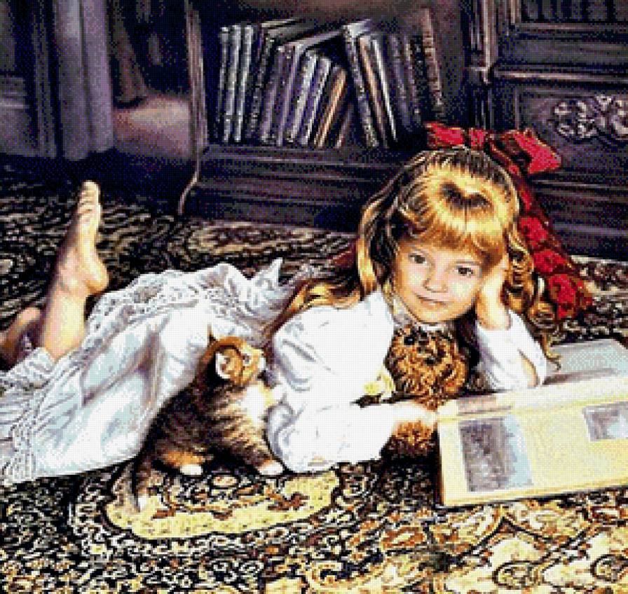 Серия "Девочка и котенок" - котенок, интерьер, игра, девочка, игрушка, картина - предпросмотр