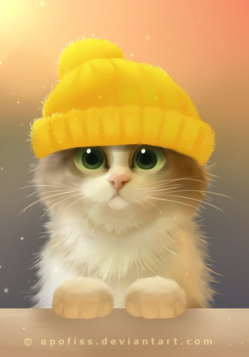 Котенок в желтой шапке - желтый, шапка, милый, котенок - оригинал