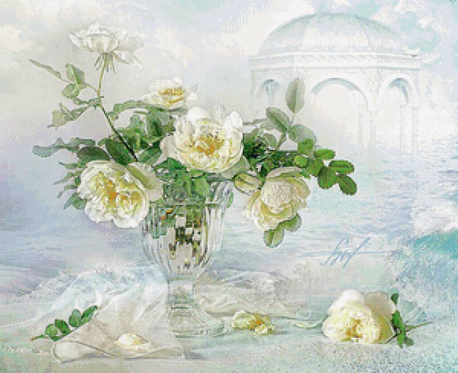 белые розы и альтанка - нежность, живопись, ваза, альтанка, розы, букет, натюрморт - предпросмотр