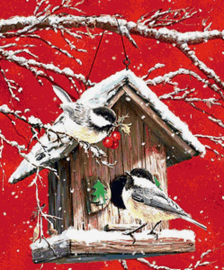 воробьи у скворечника - ягоды, ветка, скворечник, зима, птицы, воробьи, снег - предпросмотр