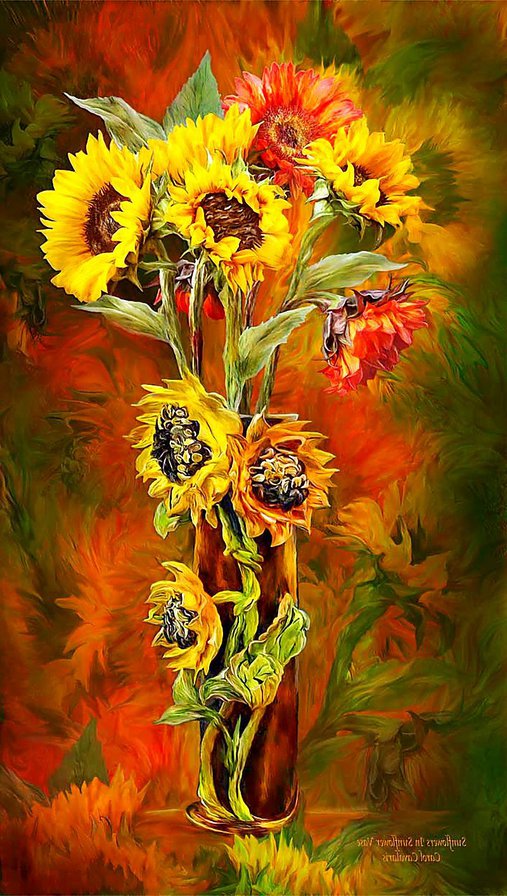 яркие подсолнухи - подсолнухи, цветы, натюрморт, ваза, букет, огонь, краски - оригинал