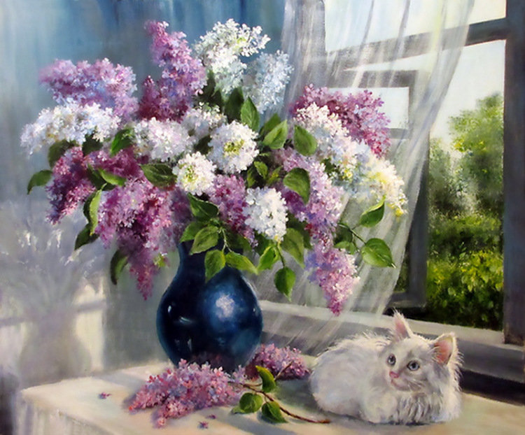 №954698 - кошка, сирень - оригинал