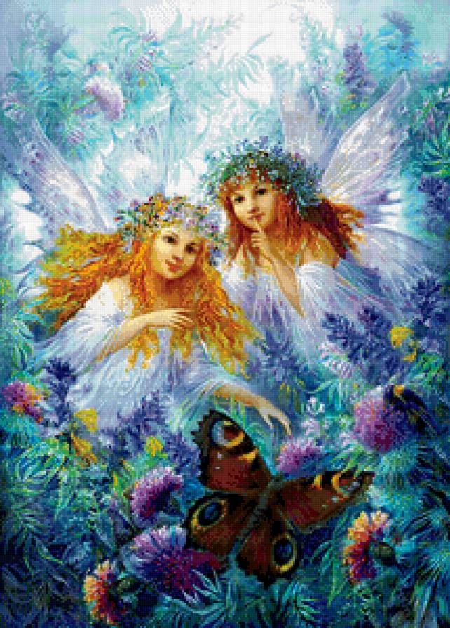 ангелы и бабочка - цветы, ангелы, крылья, сад, живопись, бабочка, девушки - предпросмотр