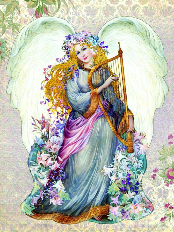 ангел с арфой - ангел, картина, девушка, крылья, музыка, рисунок - оригинал