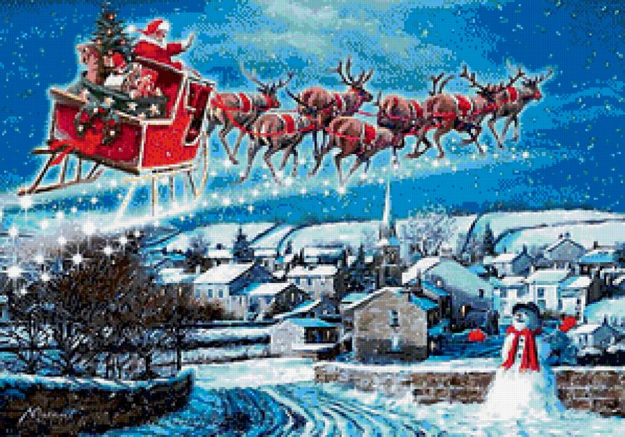 новогодняя картина - снеговик, зима, снег, дом, вечер, новый год, праздник - предпросмотр