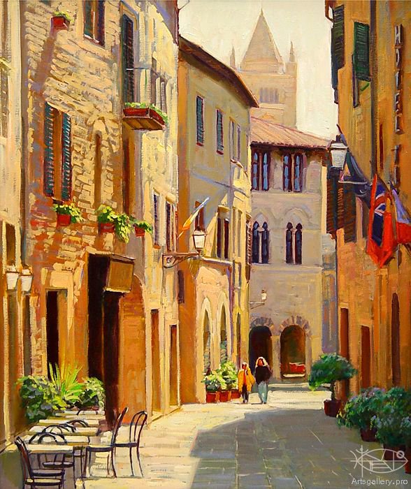 узкая улочка - лето, город, фонарь, ресторан, пейзаж, живопись, улочка - оригинал