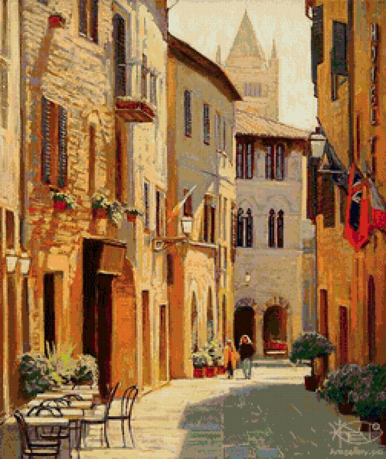 узкая улочка - лето, город, живопись, улочка, фонарь, ресторан, пейзаж - предпросмотр