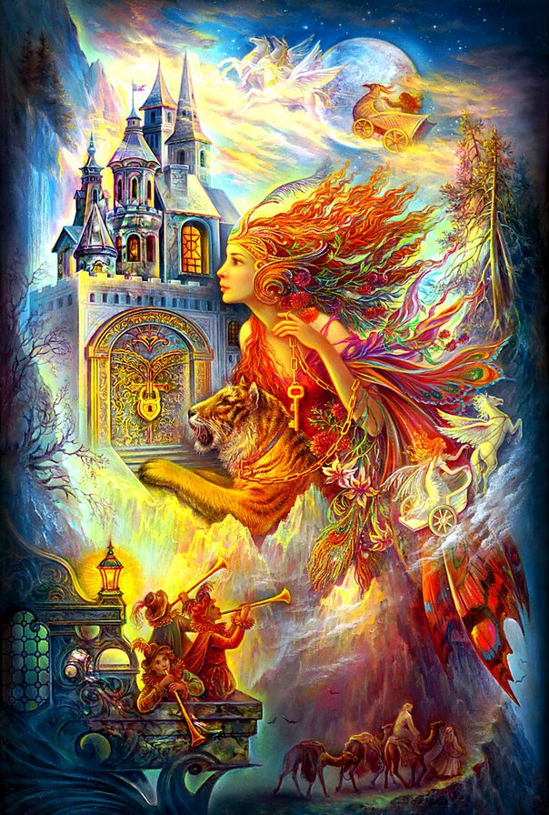 сказочная картина - тигр, девушка, фентези, сказка, картина, луна, замок, ключ - оригинал