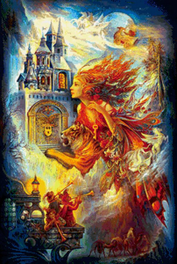 сказочная картина - тигр, луна, картина, девушка, замок, сказка, фентези, ключ - предпросмотр