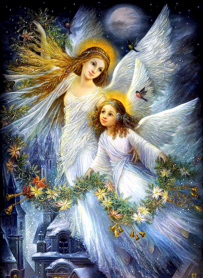 рождественские ангелы - крылья, гирлянда, рождество, фентези, ангелы, праздник, ночь - оригинал