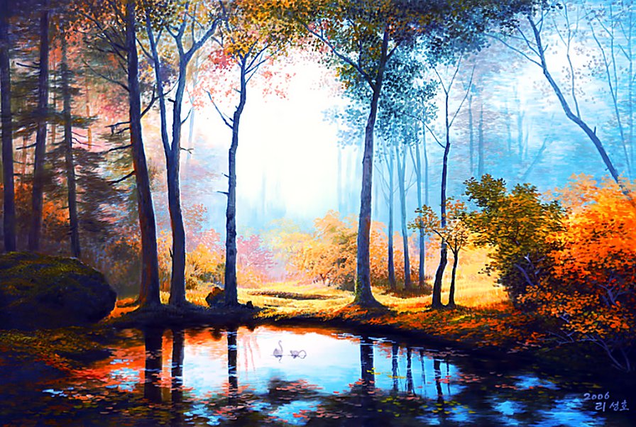 осень в лесу - живопись, природа, лес, дерево, пейзаж, золото, осень - оригинал
