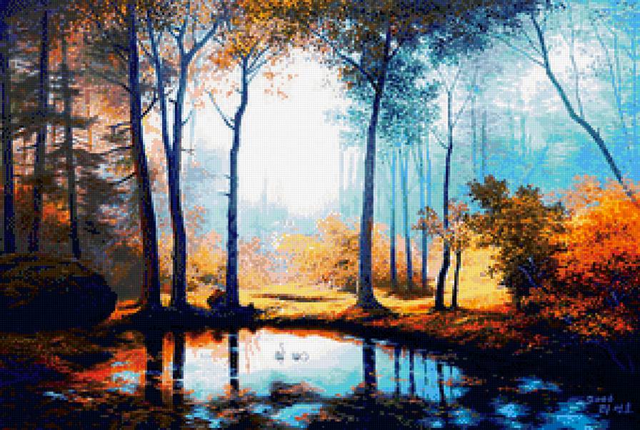 осень в лесу - осень, золото, живопись, лес, природа, дерево, пейзаж - предпросмотр