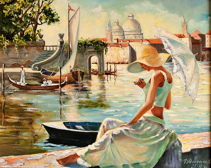 Серия "Женский образ" - набережная, лодка, зонтик, девушка, венеция - оригинал