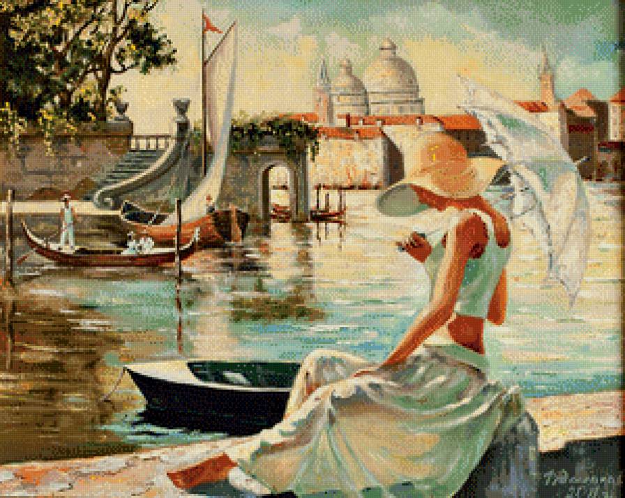 Серия "Женский образ" - лодка, девушка, венеция, зонтик, набережная - предпросмотр