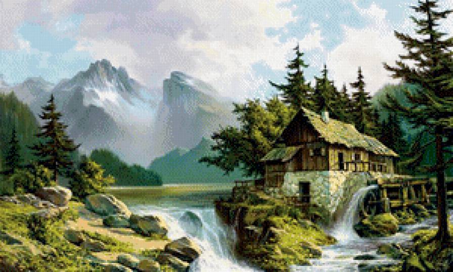 картина - горы, мельница, пейзаж, домик, природа - предпросмотр