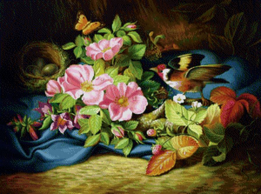 Цвет шиповника - цветы, натюрморт, птица - предпросмотр