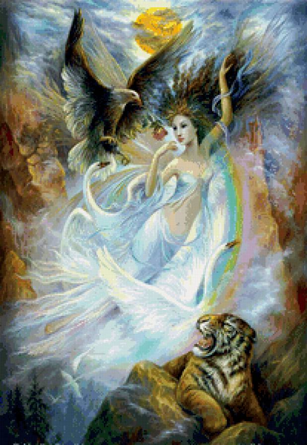 девушка фэнтези с тигром о орлом - девушка, девочка, орел, тигр, радуга, фэнтэзи, живопись, арт - предпросмотр