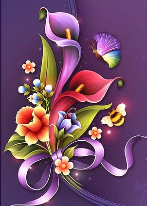 каллы - графика, панно, бабочка, цветы, каллы, картина, пчела, букет - оригинал