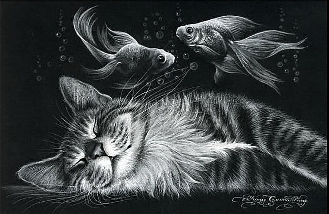 Серия "Домашние любимцы" - кот, черное и белое, котик, сон, рыбки - оригинал