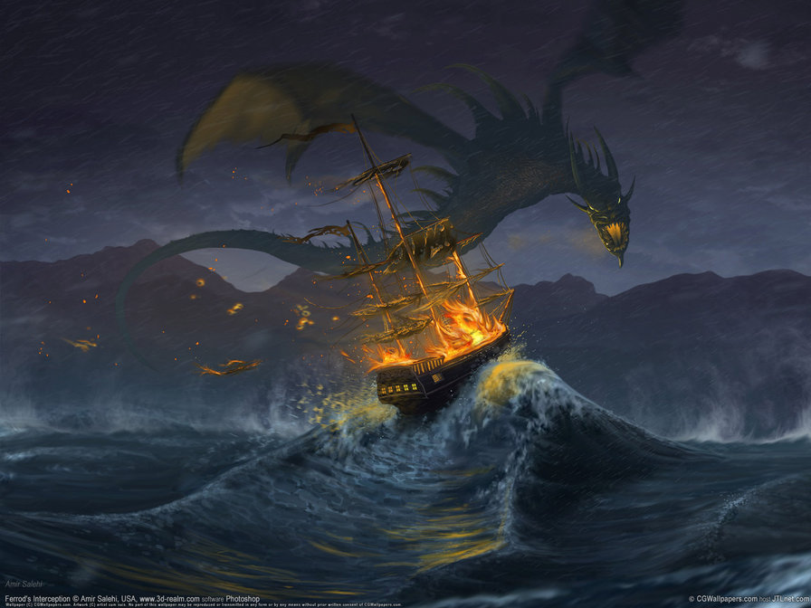 дракон и корабль - дракон, фэнтези, корабль, море - оригинал