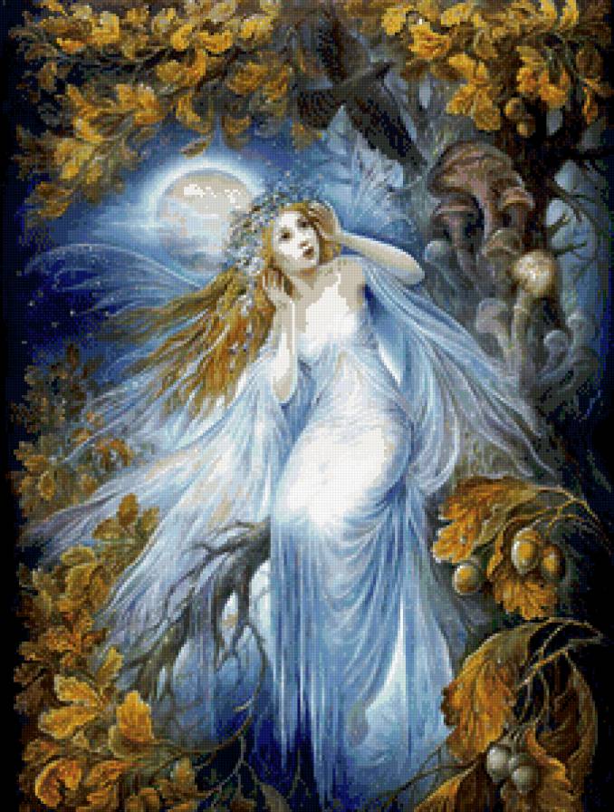 лесная нимфа - ворон, нимфа, дуб, арт, лес, фэнтези, девушка, ночь - предпросмотр