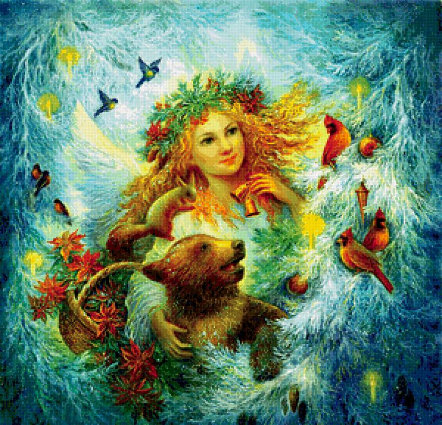 новогодняя сказка - девушка, птицы, лес, фентези, сказка, медведь, новый год, снег - предпросмотр