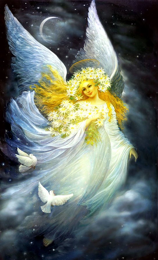 девушка ангел с голубями - фентези, ангел, голуби, крылья, цветы, девушка, венок, ночь - оригинал