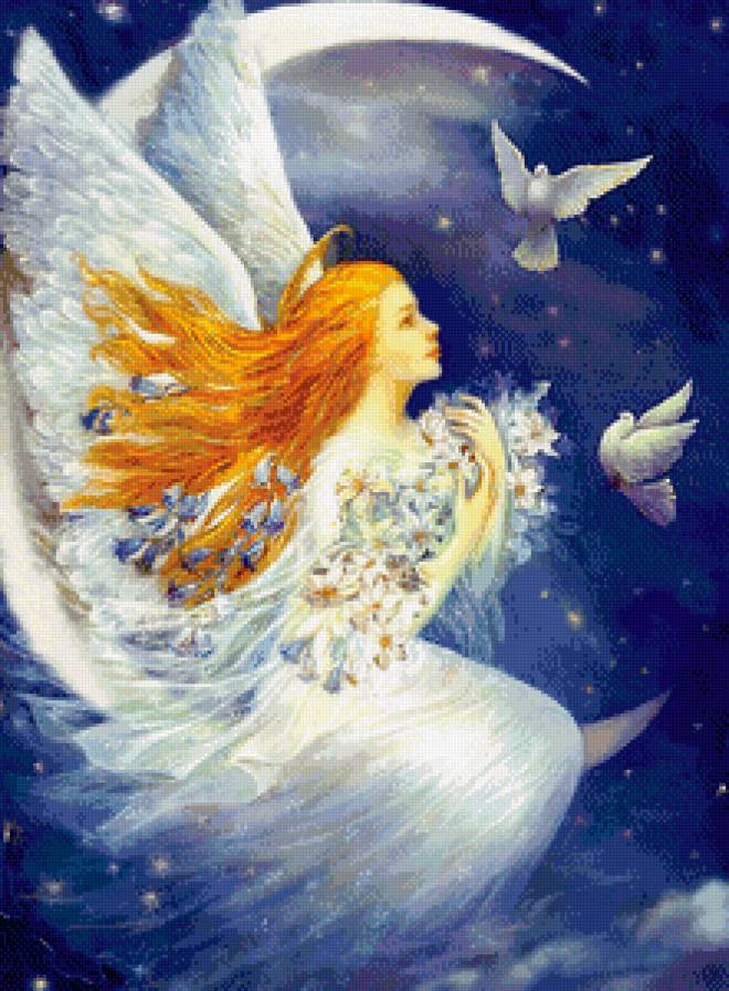 девушка ангел с голубями - ночь, ангел, цветы, венок, фентези, девушка, крылья, голуби - предпросмотр