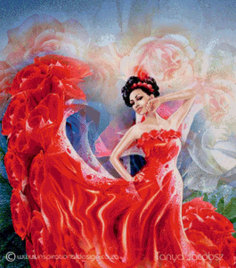 девушка в красном - девушка, розы, красное платье - предпросмотр