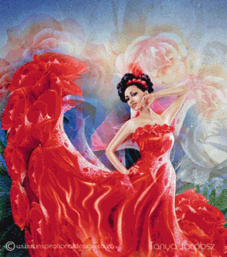 девушка в красном - розы, девушка, красное платье - предпросмотр