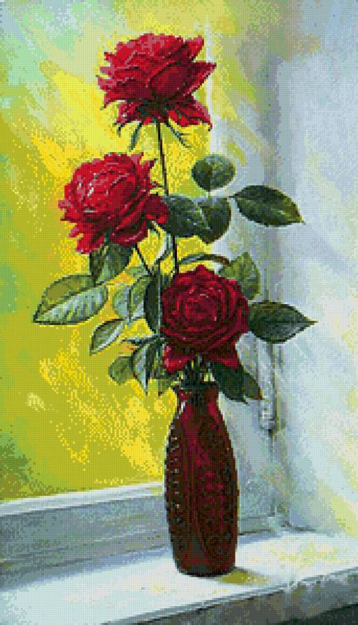 розы в вазе на окне - натюрморт, розы, живопись, окно, цветы, ваза, букет - предпросмотр