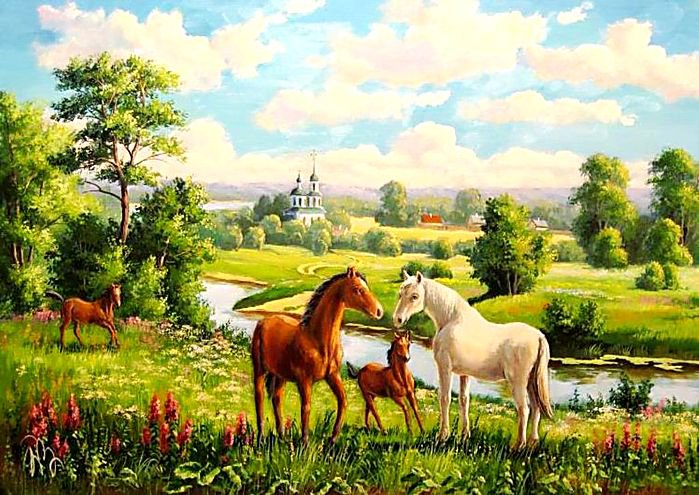 лошадиная семья - природа, кони, пейзаж, семья, луг, лето, лошади, река, церковь - оригинал