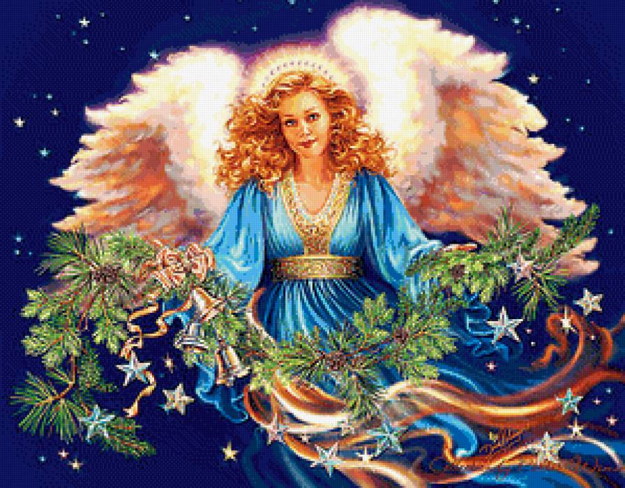 рождественский ангел - ангел, гирлянда, фентези, рождество, праздник, крылья, ночь - предпросмотр