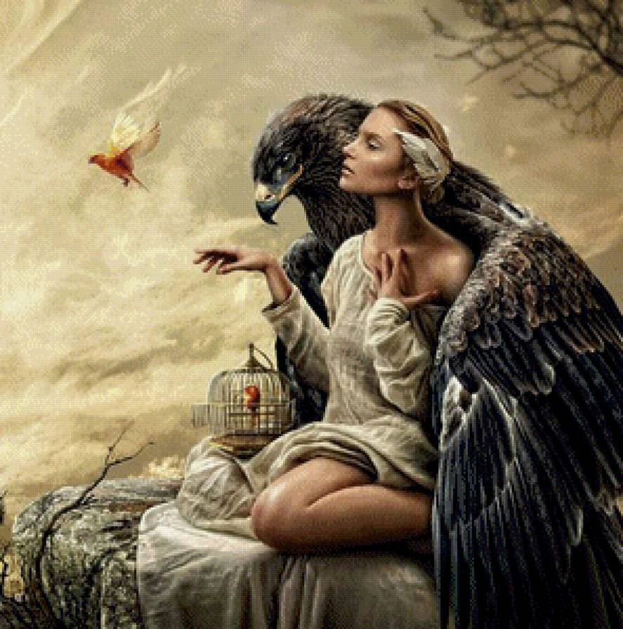 Девушка и птицы - картина - предпросмотр