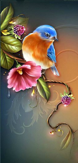 птичка на ветке - ветка, птица, ягоды, панно, рисунок, цветы - оригинал