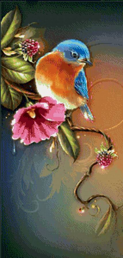 птичка на ветке - ветка, птица, цветы, рисунок, ягоды, панно - предпросмотр
