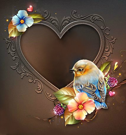 рамка для фото с птичкой - цветы, рамка, птичка, подушка, сердце, фото - оригинал