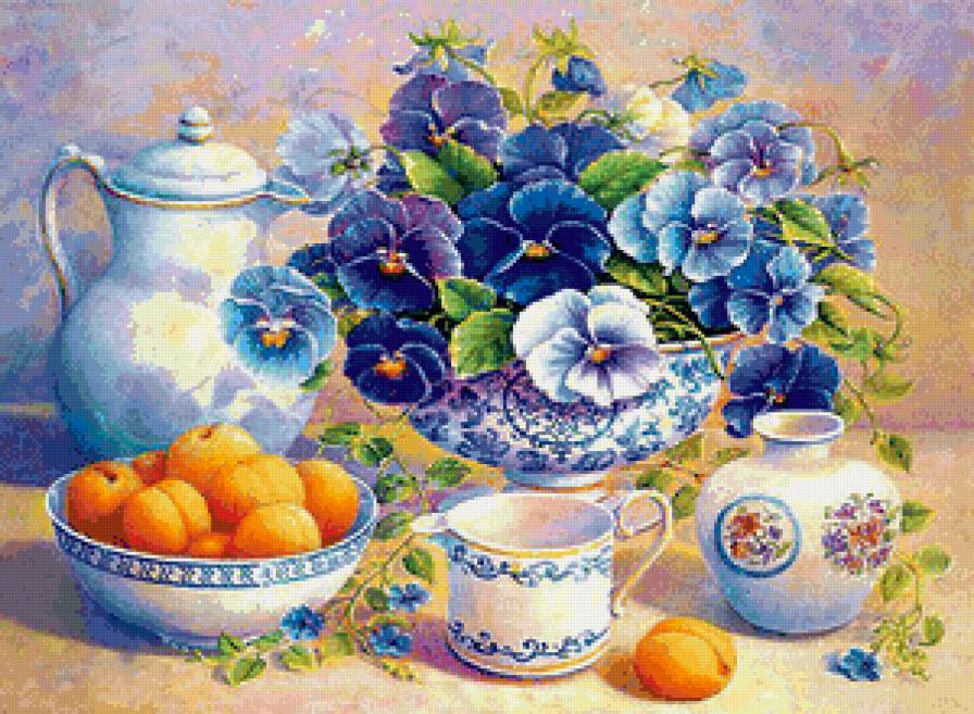 натюрморт с анютиными глазками и абрикосами - абрикосы, фрукты, ваза, кухня, живопись, натюрморт, цветы - предпросмотр