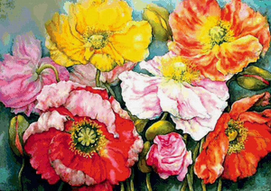 феерия разноцветных маков - батик, живопись, панно, маки, картина, букет, цветы - предпросмотр