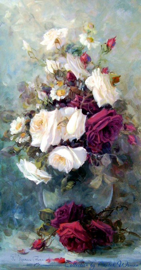 розы в стеклянной вазе - нежность, цветы, живопись, букет, натюрморт, ваза, розы - оригинал