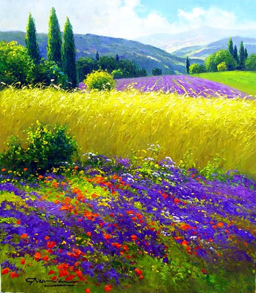 южные поля - природа, жара, лаванда, живопись, лето, пейзаж, поле, юг - оригинал