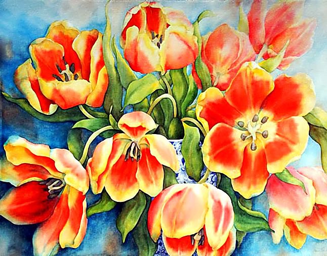 акварельные тюльпаны - акварель, весна, тюльпаны, ваза, цветы, букет, панно - оригинал