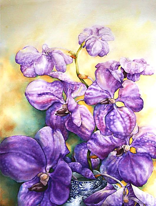 орхидеи - цветы, ваза, панно, орхидеи, ветка, рисунок, краски, картина - оригинал