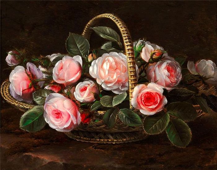 розы в корзине - букет, цветы, ваза, нежность, живопись, корзина, натюрморт, розы - оригинал