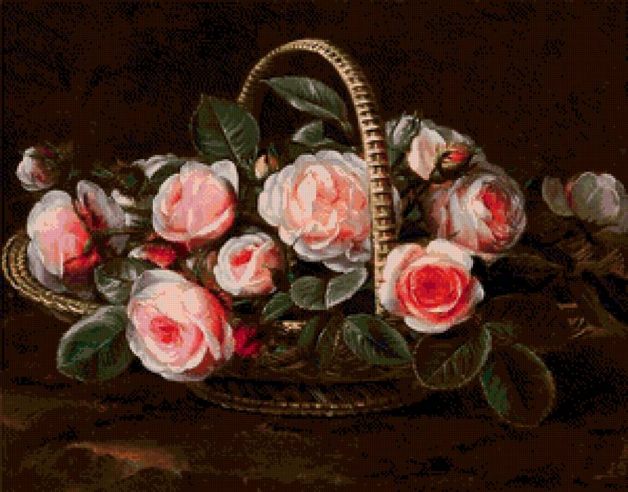 розы в корзине - нежность, натюрморт, ваза, корзина, розы, живопись, букет, цветы - предпросмотр