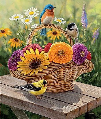 Серия "Пернатые" - луг, птички, корзинка, птицы, лето, пейзаж, цветы - оригинал